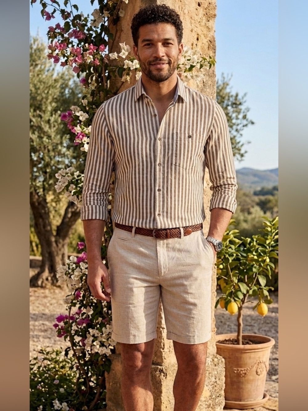 RWCO cotton linen blend brown and white striped shirt men’s medium